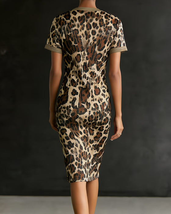 Kjole Leopard Tryk Patchwork V-Hals Tætsiddende