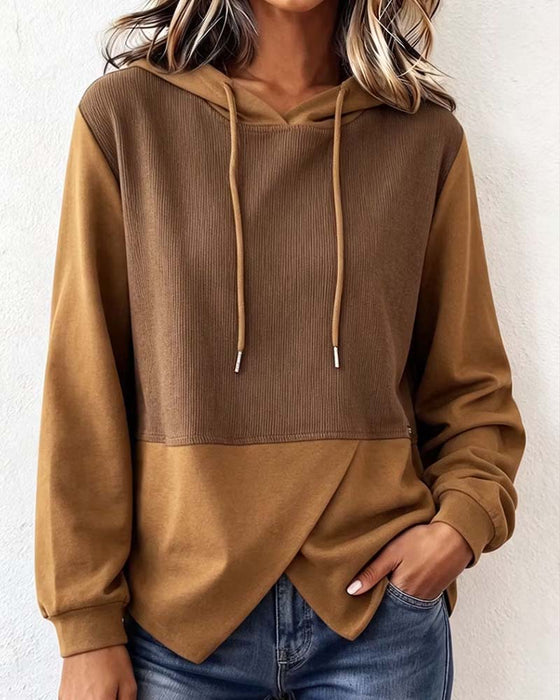 Hoodie Farveblok Hætte Asymmetrisk Kant