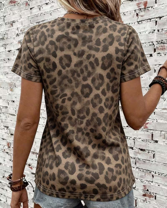 T-shirt Rundhals Leopardmønster Slim-Fit Kort Ærme