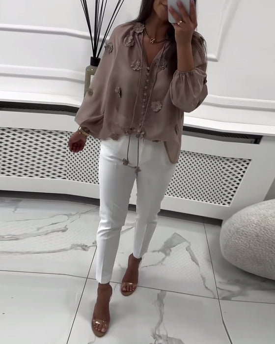 Bluse Ensfarvet 3D-Blomster Snøre