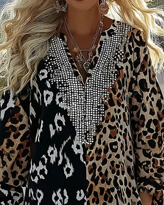 Kjole Farve Blok Leopard Tryk Kort