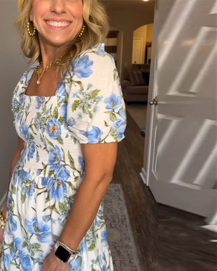 Kjole Firkantet Udskæring Plisseret Blomstret A-Linje