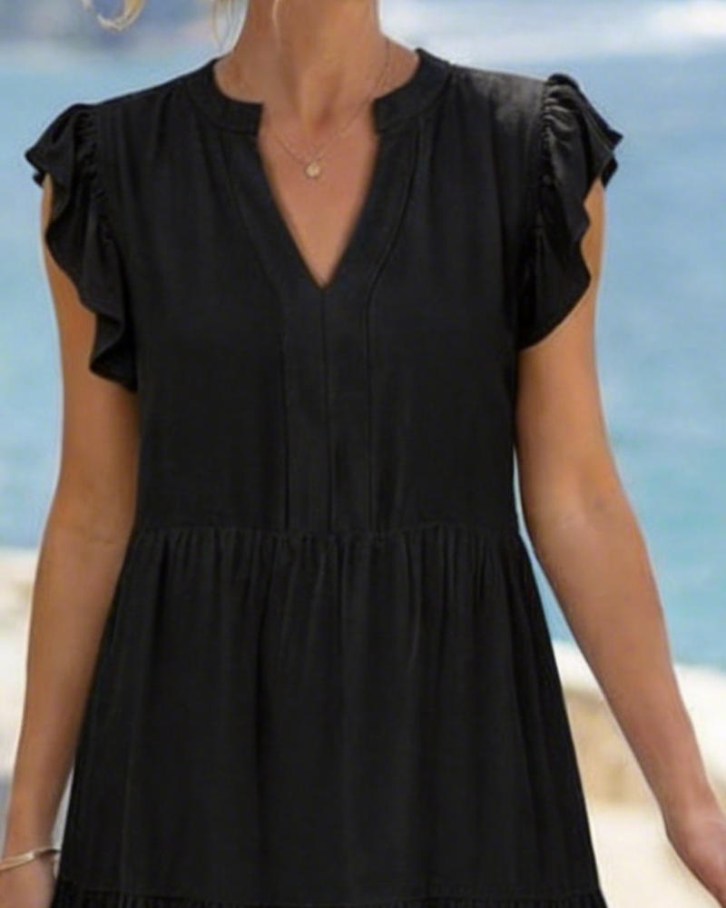 Kjole Ensfarvet V-Udskæring Flæse A-Linje