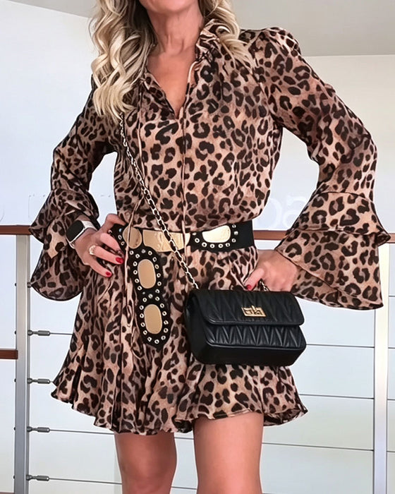 Kjole V-Hals Leopardprint Snøring Kort