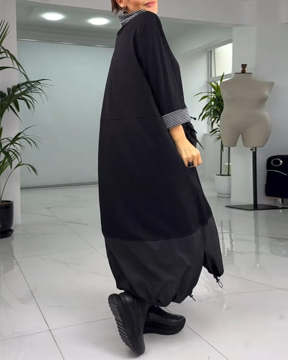 Afslappet patchworkkjole med høj krave