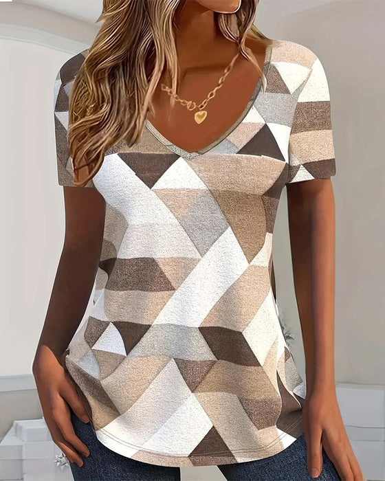 T-shirt Med Casual Farveblok U-formet Hals