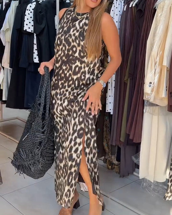 Kjole Rundhalset Leopardmønster Ærmeløs Maxi