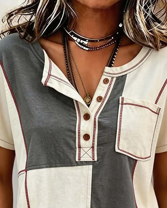 T-Shirt Kontrastfarve Rundhalset Knap Patchwork