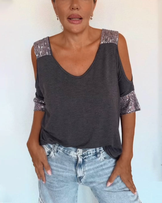 T-trøje Med Off - the - Shoulder Sequin - patch