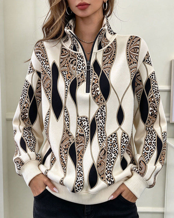 Sweatshirt Geometrisk Paisley Halv Lynlås Stående Krave