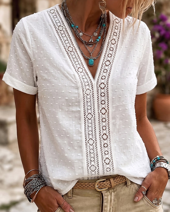 Bluse V-Hals Diamant Udskæring 3D Blomstret Solid