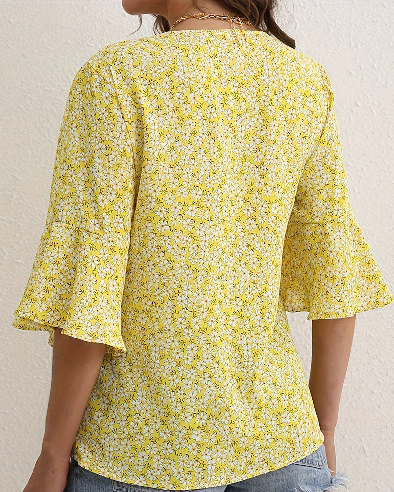 Bluse V-Hals Floral Sommerfugl Ærme