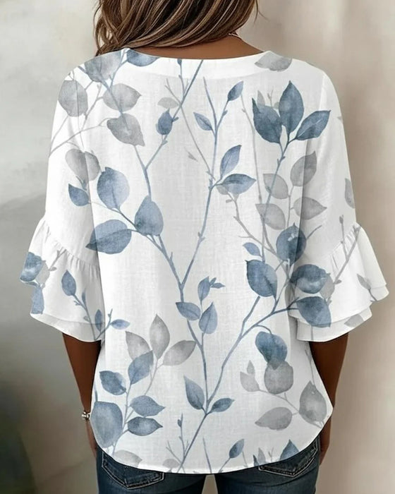 Bluse Flutter Flare Ærme Blad Tryk