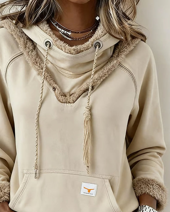 Langærmet Sweatshirt Med Patchworkdetaljer Og Lomme