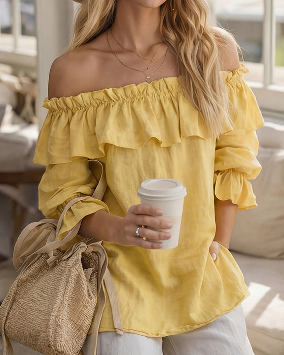 Bluse Off-Shoulder Ruffle Ensfarvet Løs