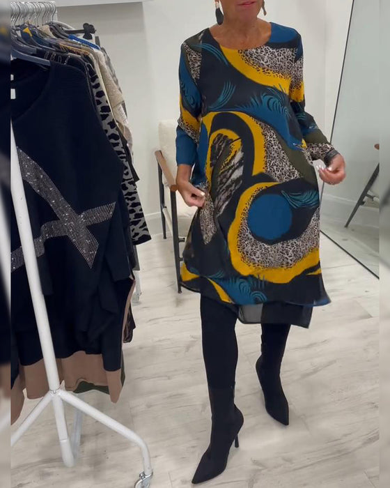 Elegant Trykt Kjole Med Rund Halsudskæring