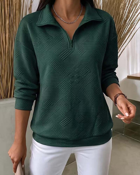 Sweatshirt Ensfarvet Halv Lynlås Reverskrave