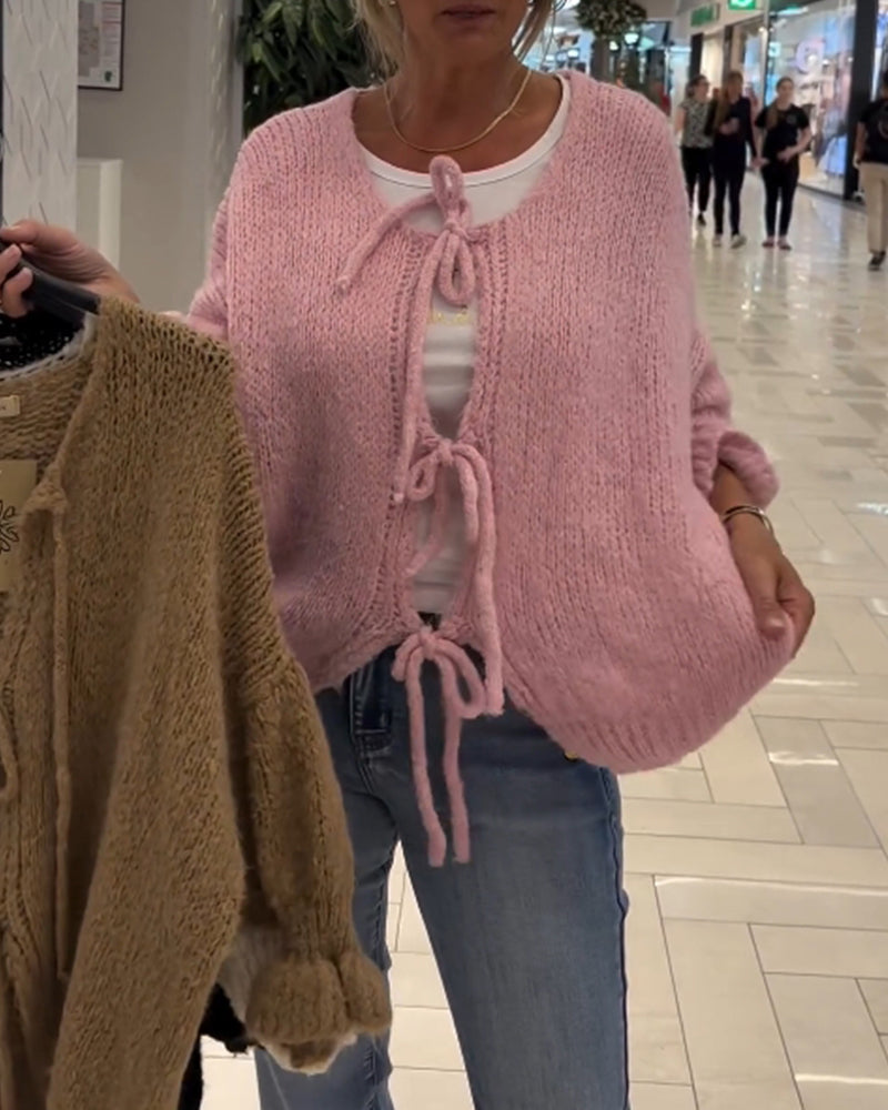 Ensfarvet strik cardigan med snøre