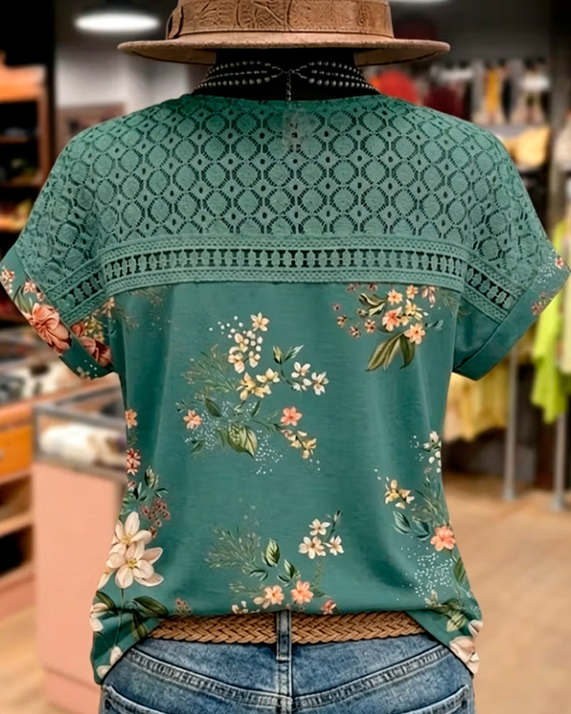 T-Shirt Udskæring Patchwork Kort Ærme