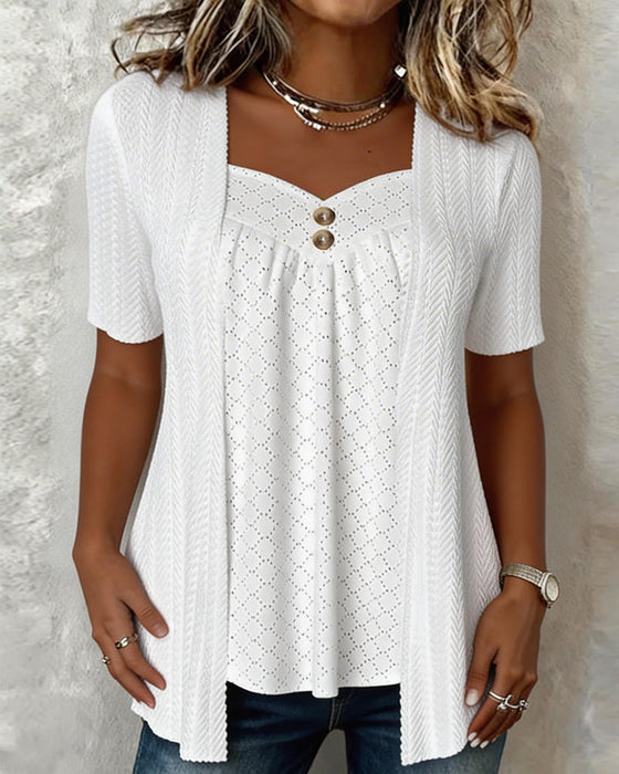 Bluse Falsk Lagdelt Firkantet Hals Hullet Patchwork