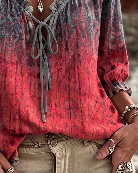 Bluse Gradient Tie-Dye Snørebånd Tre Kvart Ærme