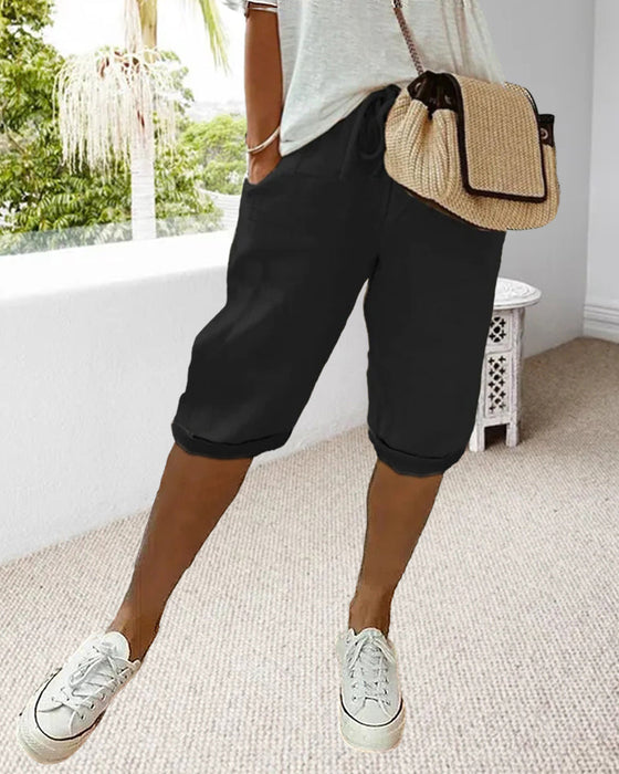 Ensfarvet behagelige bermudashorts med snøre