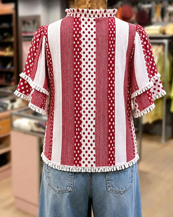 Bluse V-Hals Prikket Frynser Patchwork