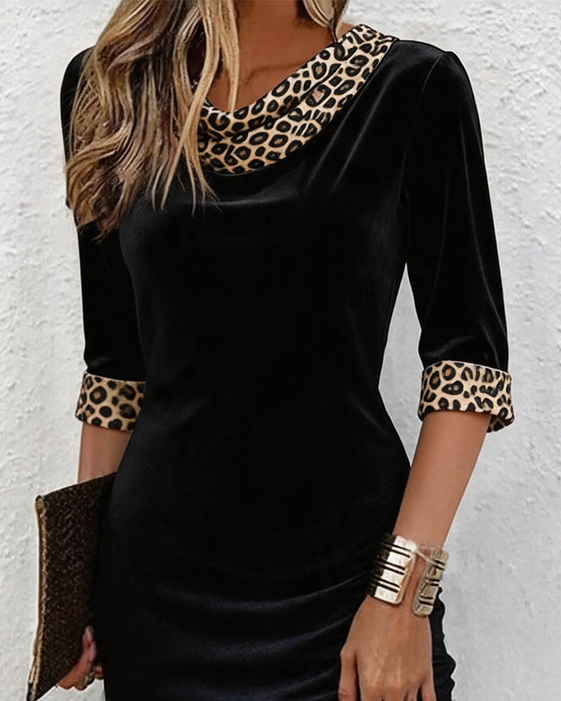 Kjole Draperet Cowl Hals Leopard Tryk Halværme Slim Fit