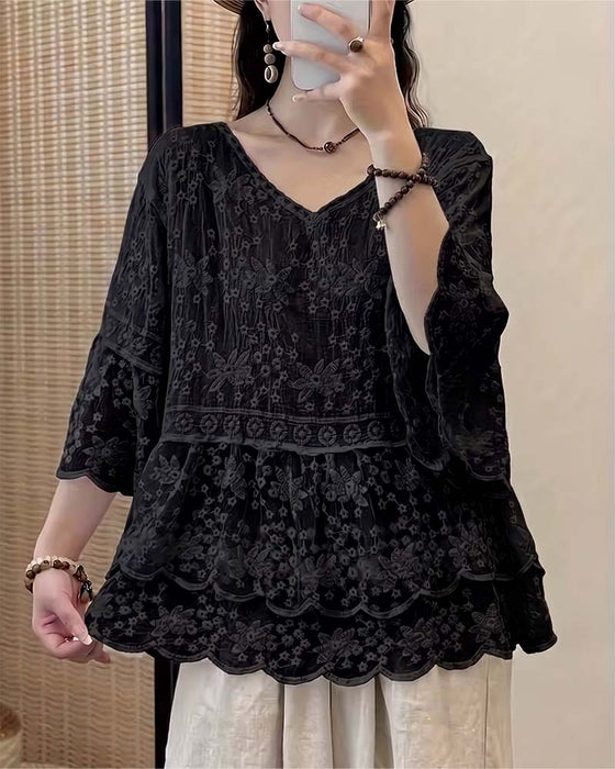 Bluse Kort Ærme Blonder Trim