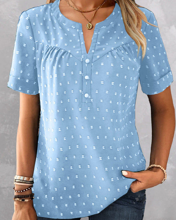 Bluse Jacquard V-Hals Halvlynge Kort Ærme