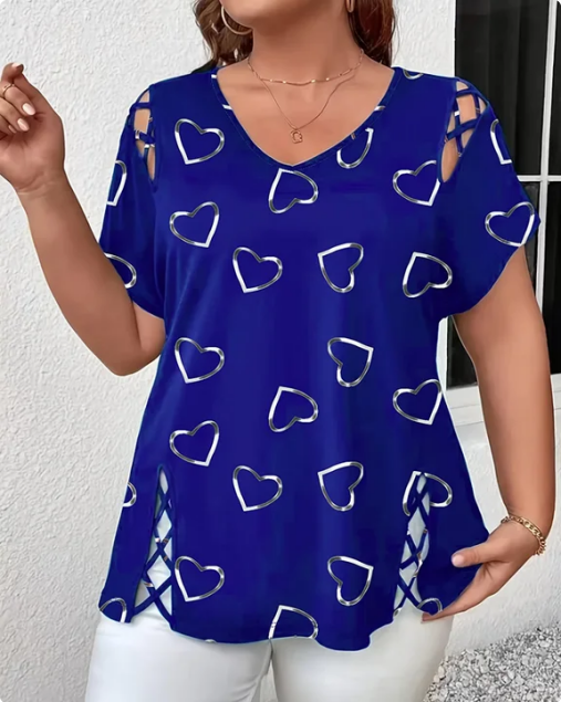 T-Shirt Hjertemønster Gennembrudt Kortærmet
