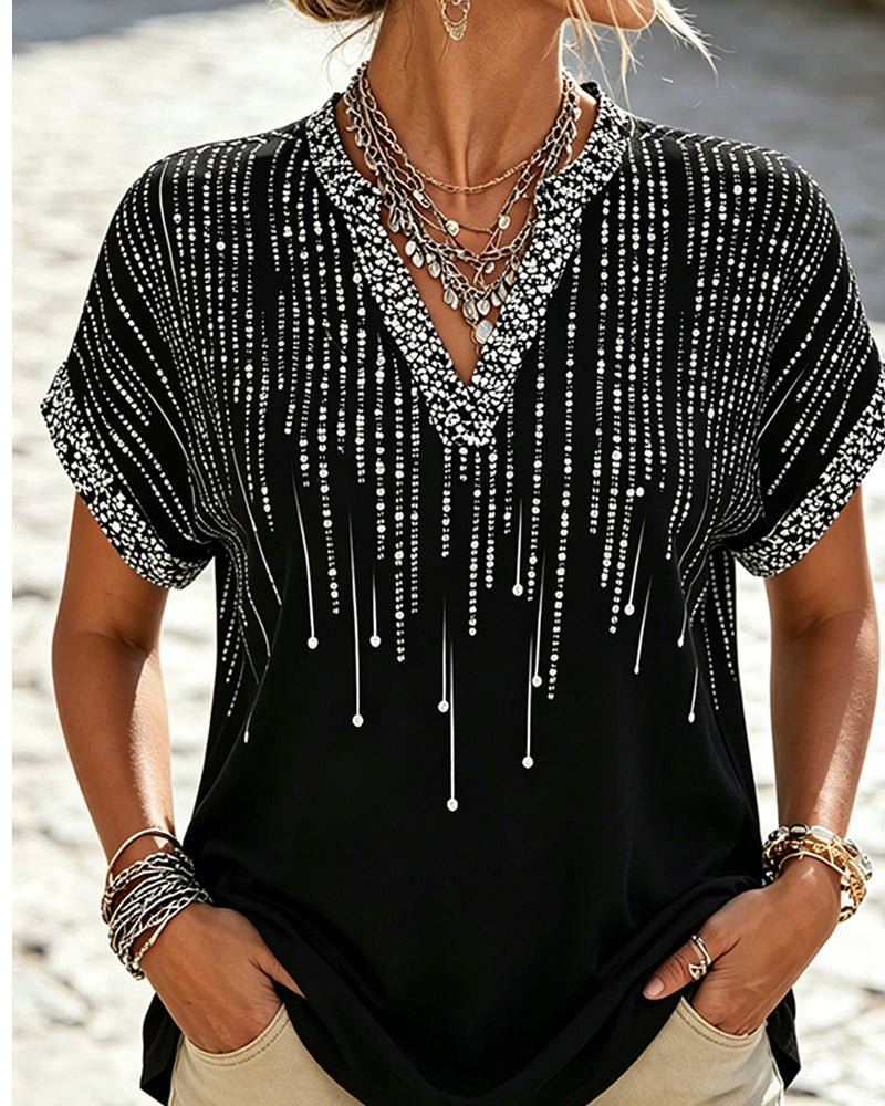 Bluse Off-Skulder V-Hals Tryk