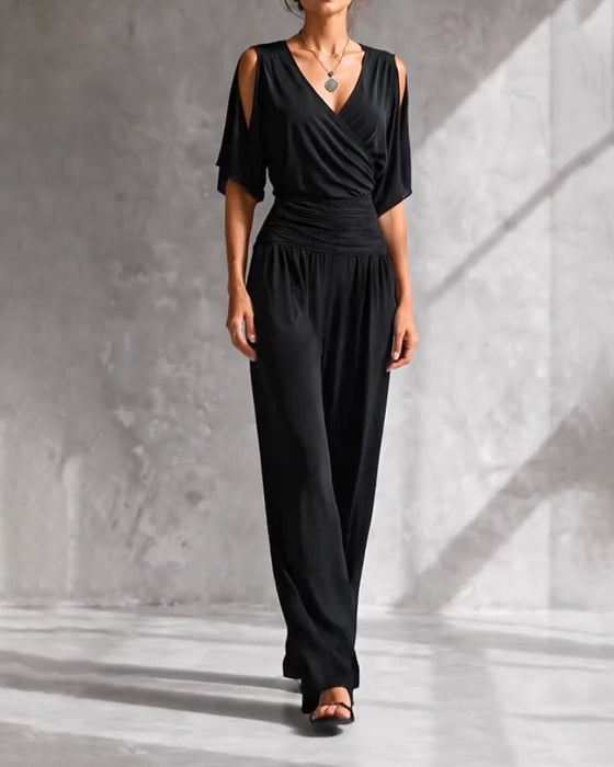 Jumpsuit V-Hals Crossover Kold Skulder Talje Lomme