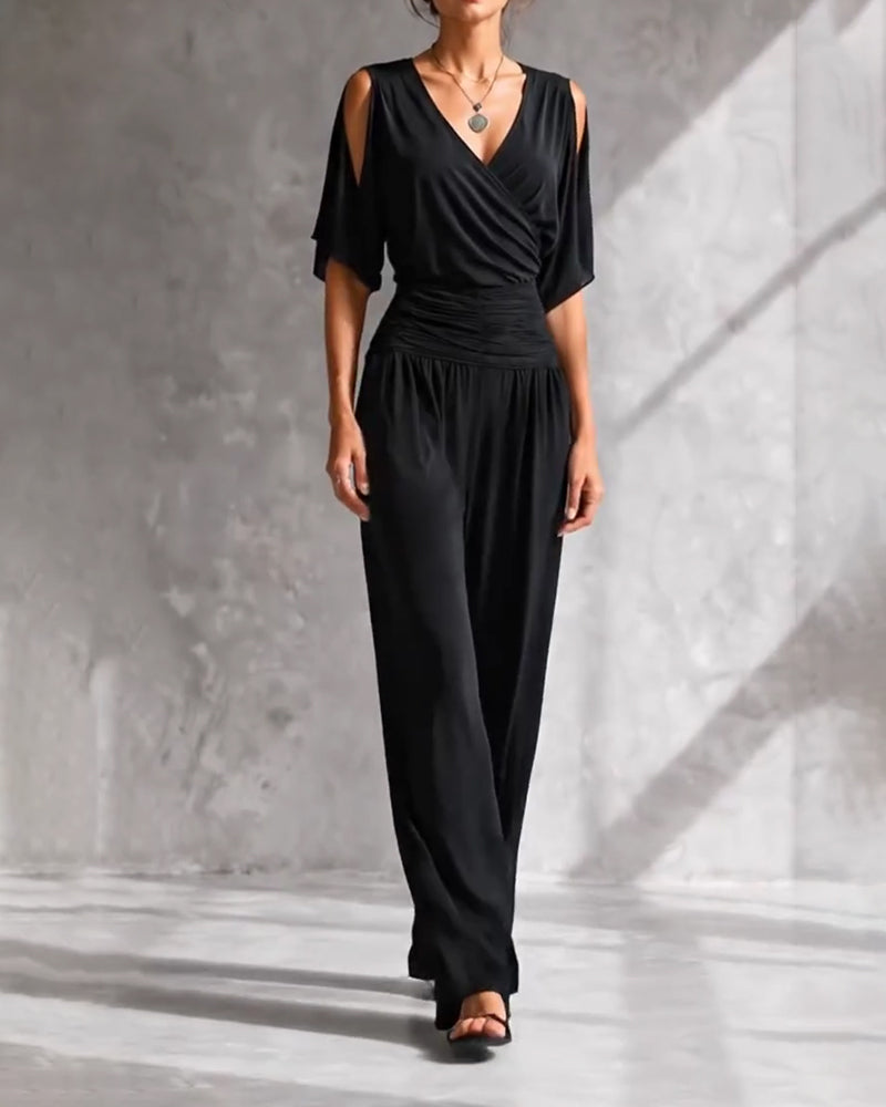 Jumpsuit V-Hals Crossover Kold Skulder Talje Lomme