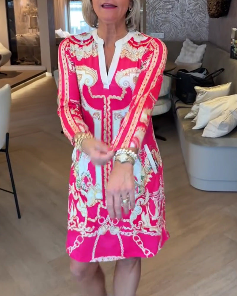 Kjole V-Hals Trekvart Ærme Trykt Lige