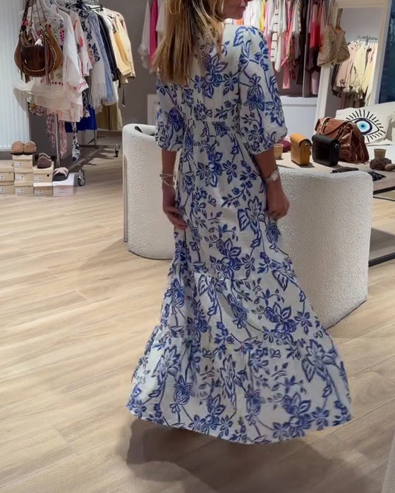 Kjole Dyb V-Hals Elegant Blomstret Lang