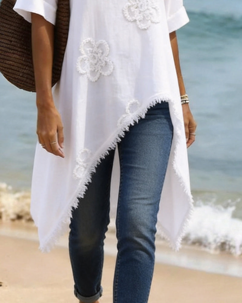 Bluse Rund Hals Løs Asymmetrisk