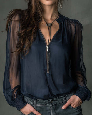 Bluse Halv-lås Mesh Langærmed