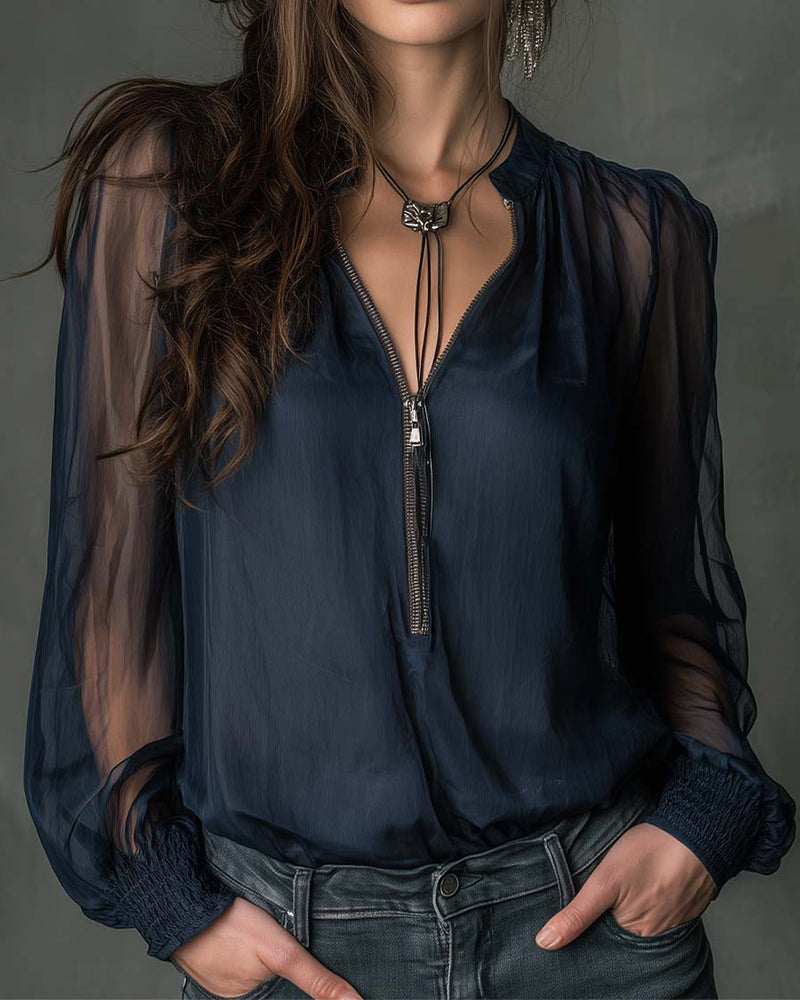 Bluse Halv-lås Mesh Langærmed