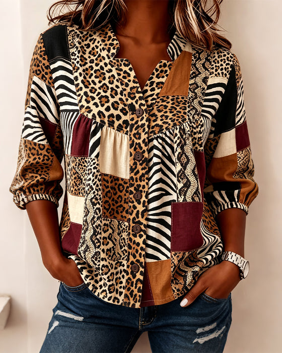 Bluse Leopard Farveblok V-Hals