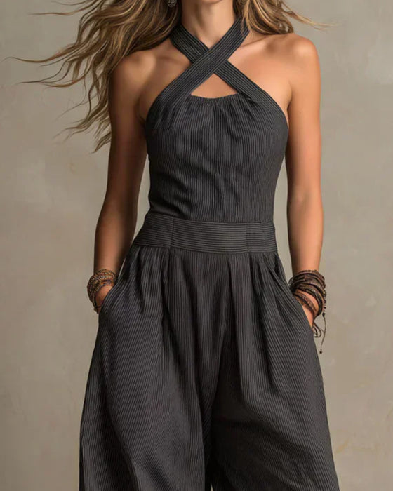 Jumpsuit Halter Kryds Ærmeløs Stribe