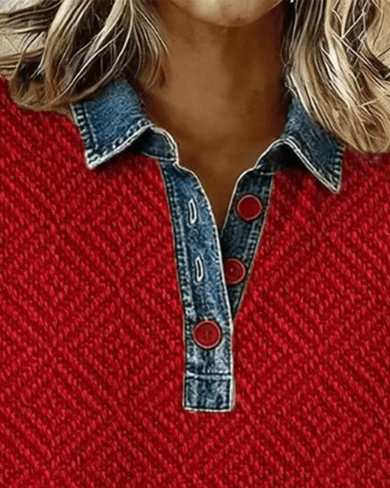 Sweatshirt Med Krave Denim Patchwork