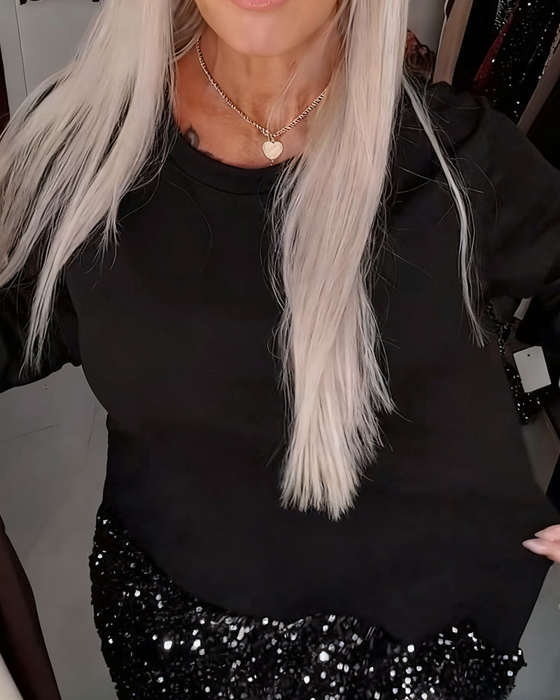 Kjole Rund Hals Langærmet Med Glitter Patchwork