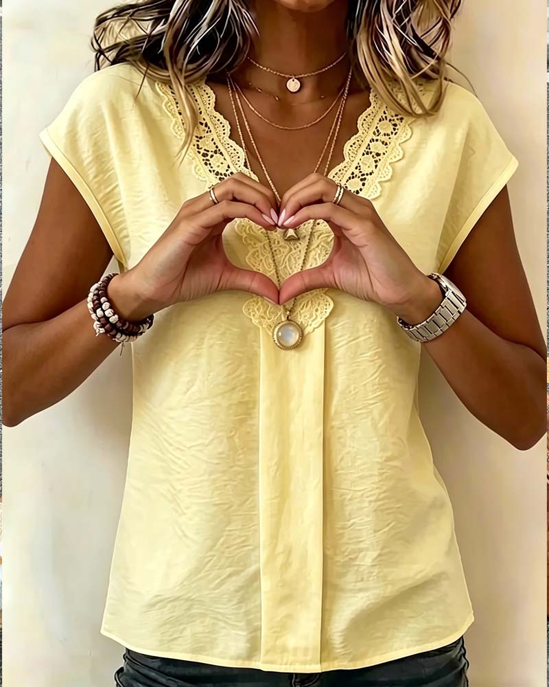 Bluse V-Hals Blonder Patchwork Casual