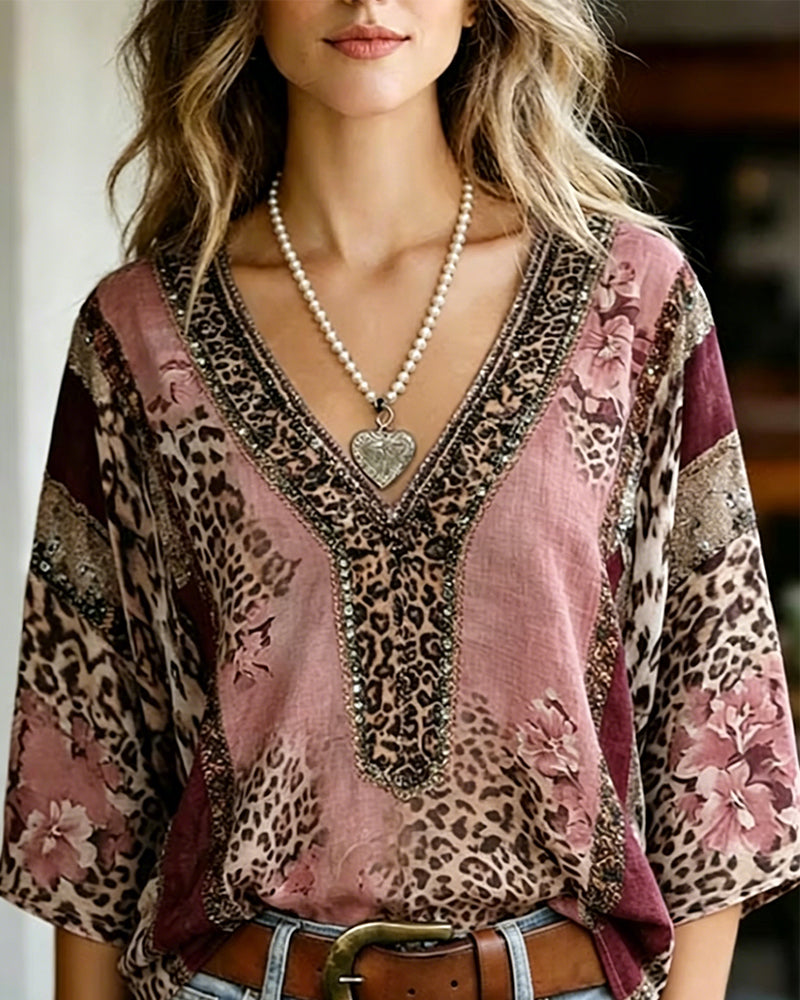 Bluse V-Hals Lygte Ærme Leopard