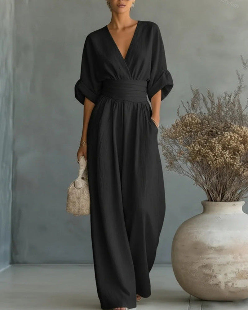 Jumpsuit V-Hals Kryds Taljeret Bred Ben