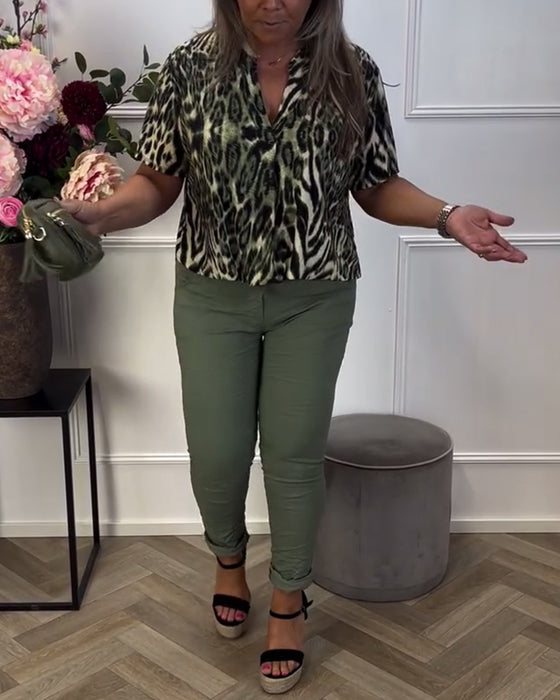 Bluse Mode Leopardprint Korte Ærmer