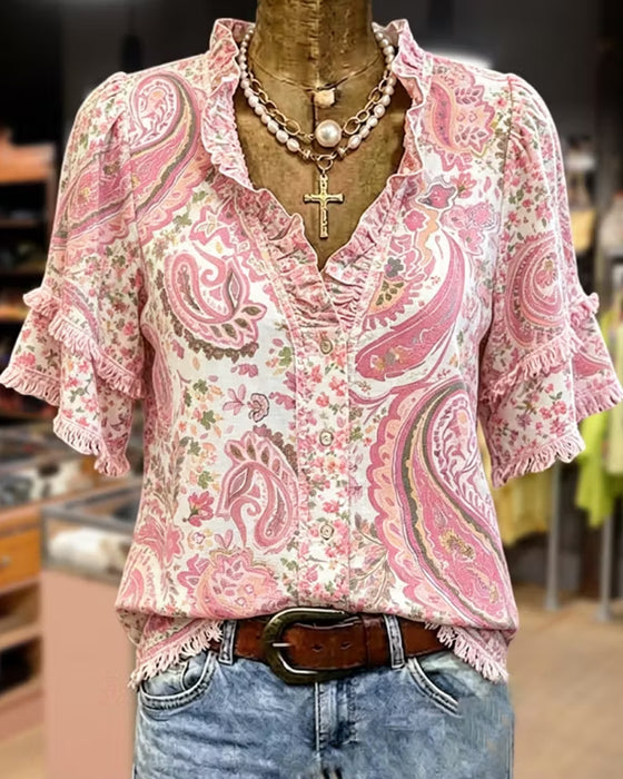 Bluse Casual Rynket V-Hals