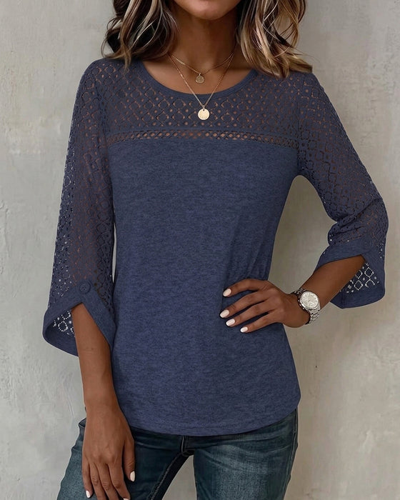 T-Shirt Hollow Out Lang Ærme Patchwork