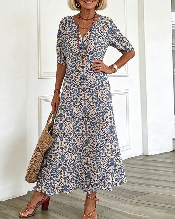 Kjole Vintage Blomstermønster V-Hals Maxi